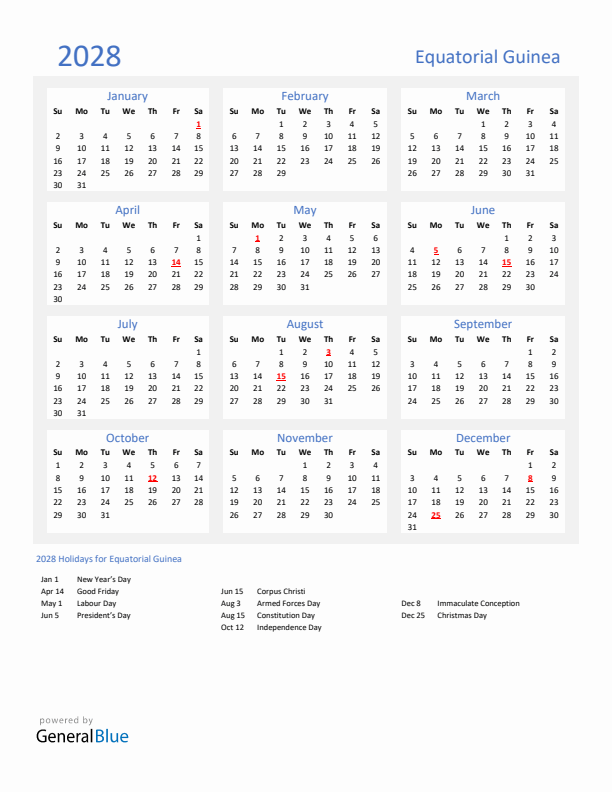Basic Yearly Calendar with Holidays in Equatorial Guinea for 2028 