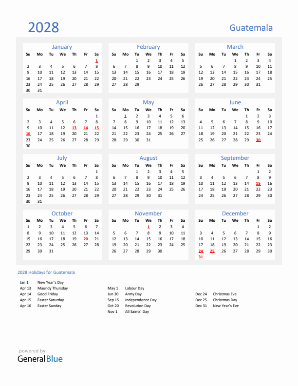 Basic Yearly Calendar with Holidays in Guatemala for 2028 