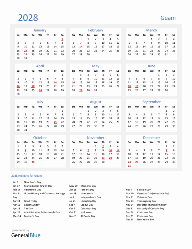 Basic Yearly Calendar with Holidays in Guam for 2028 