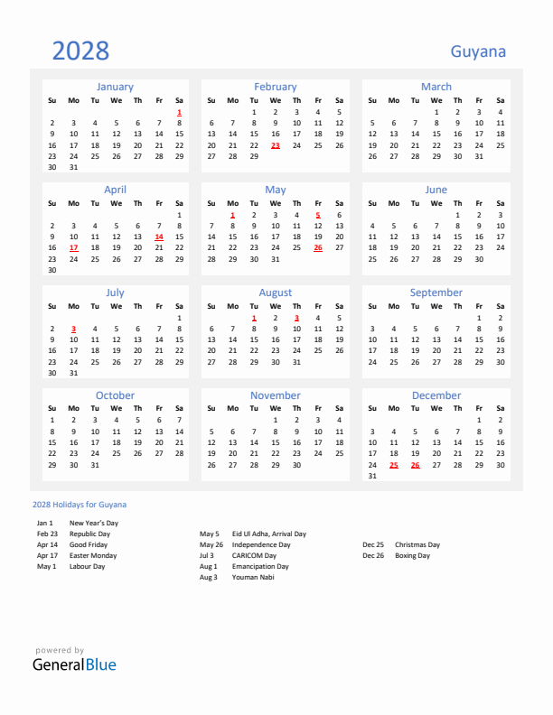 Basic Yearly Calendar with Holidays in Guyana for 2028 