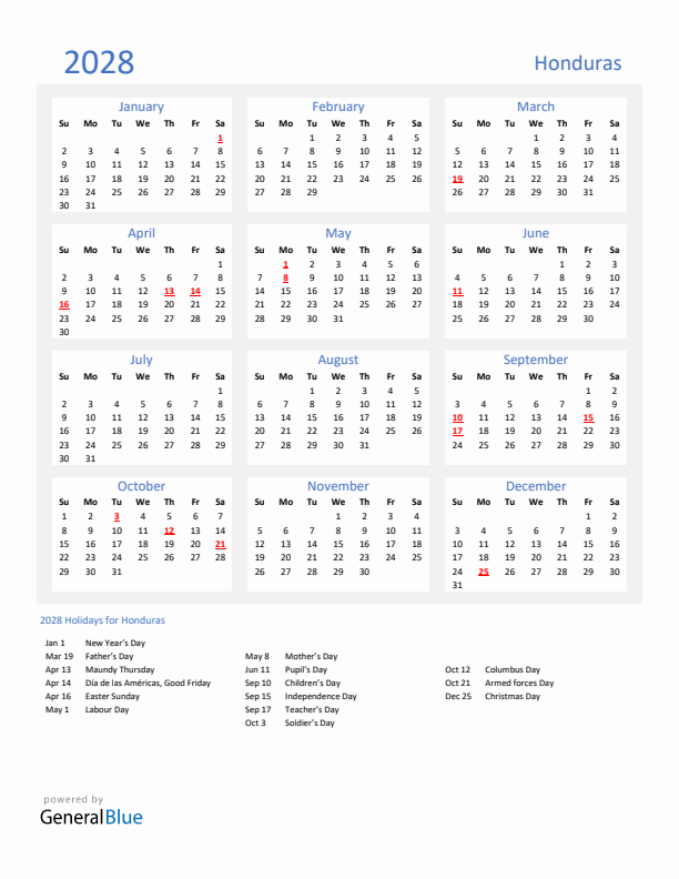 Basic Yearly Calendar with Holidays in Honduras for 2028 
