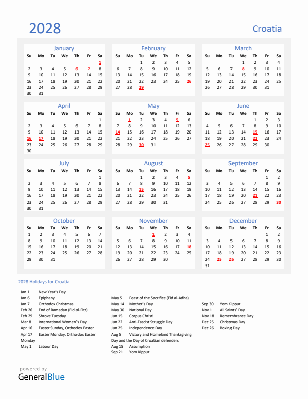 Basic Yearly Calendar with Holidays in Croatia for 2028 