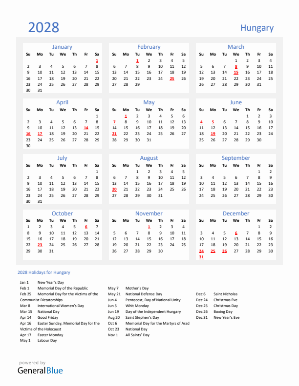 Basic Yearly Calendar with Holidays in Hungary for 2028 