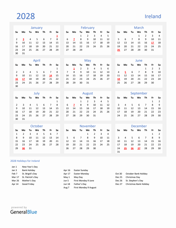 Basic Yearly Calendar with Holidays in Ireland for 2028 