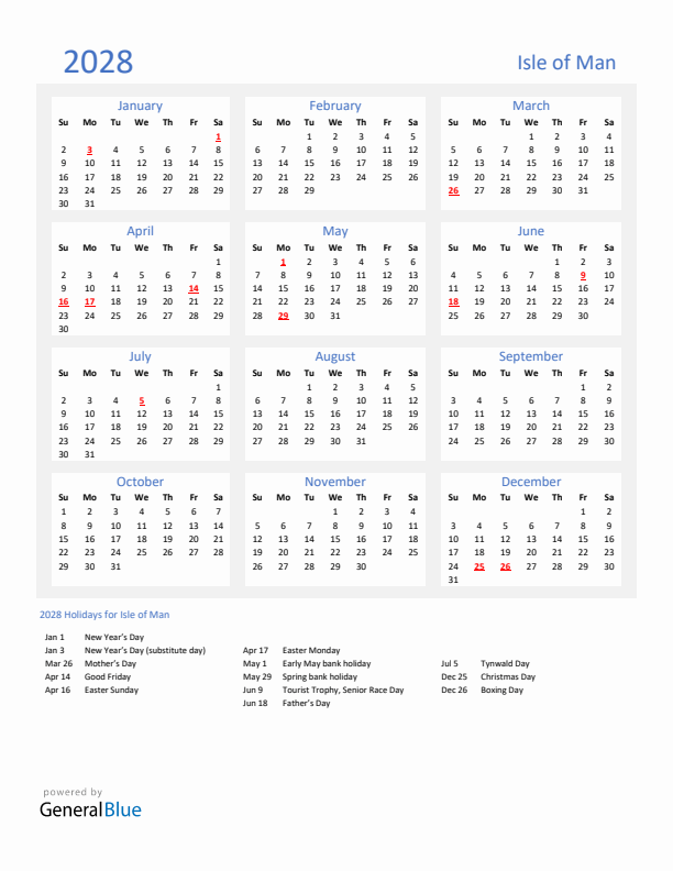Basic Yearly Calendar with Holidays in Isle of Man for 2028 