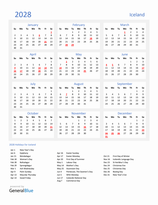 Basic Yearly Calendar with Holidays in Iceland for 2028 