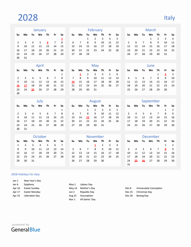 Basic Yearly Calendar with Holidays in Italy for 2028 