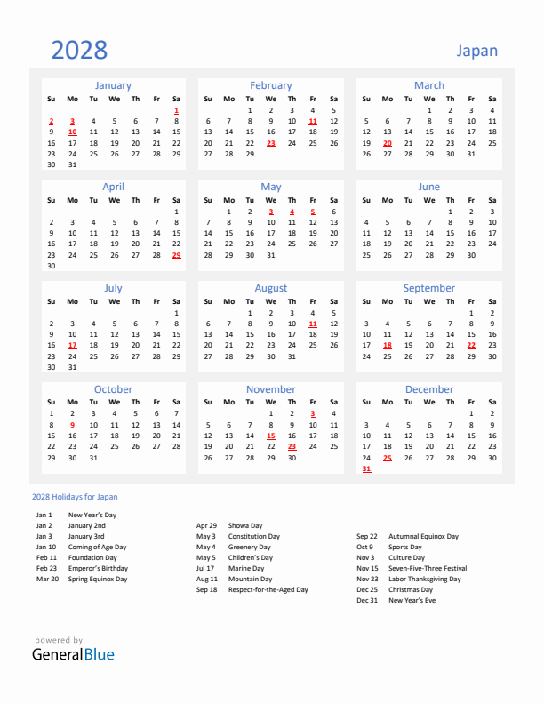 Basic Yearly Calendar with Holidays in Japan for 2028 