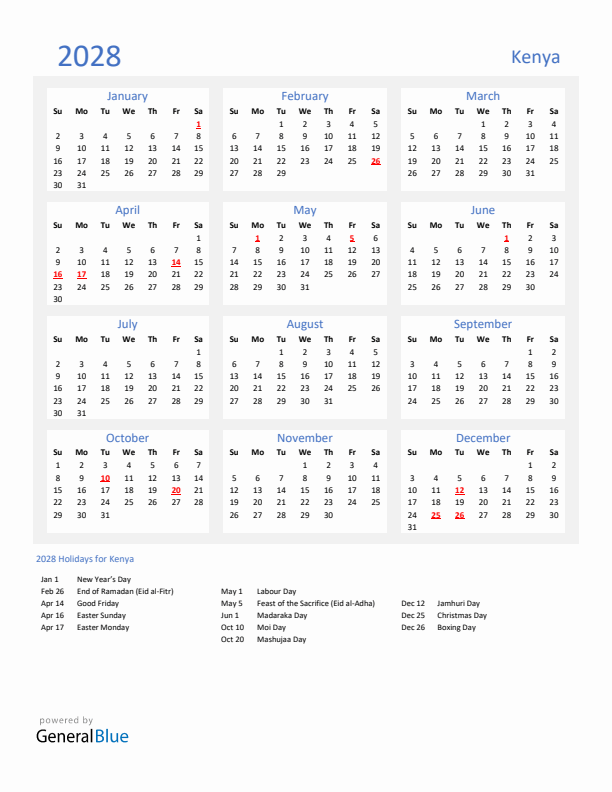 Basic Yearly Calendar with Holidays in Kenya for 2028 