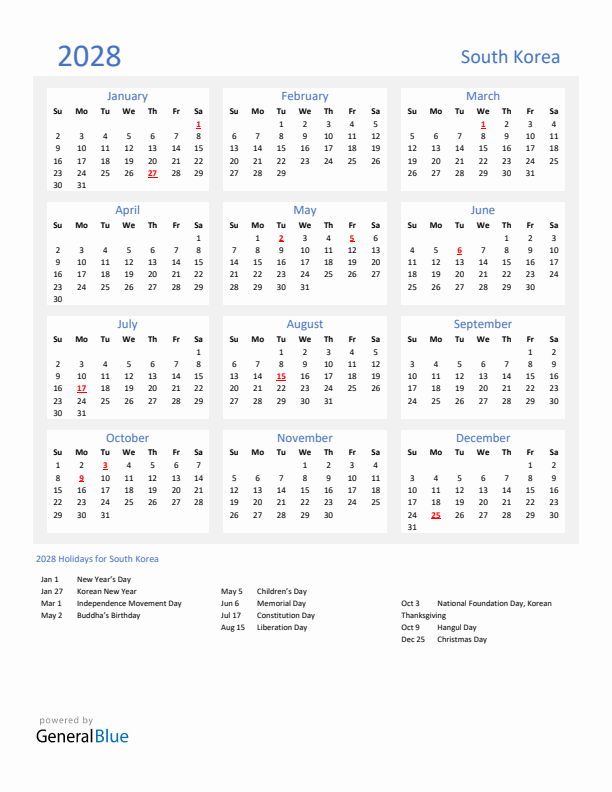 Basic Yearly Calendar with Holidays in South Korea for 2028 