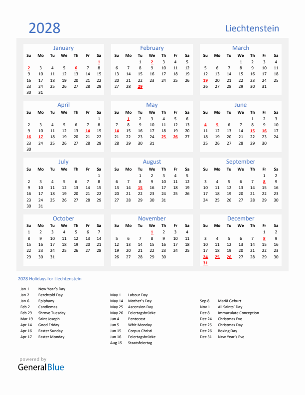 Basic Yearly Calendar with Holidays in Liechtenstein for 2028 