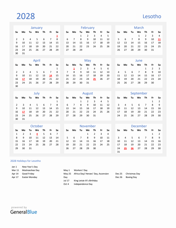 Basic Yearly Calendar with Holidays in Lesotho for 2028 