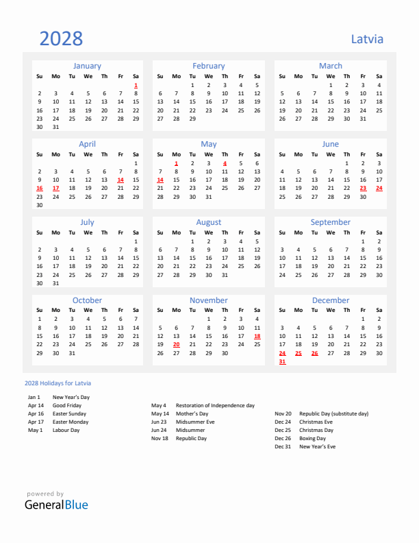 Basic Yearly Calendar with Holidays in Latvia for 2028 