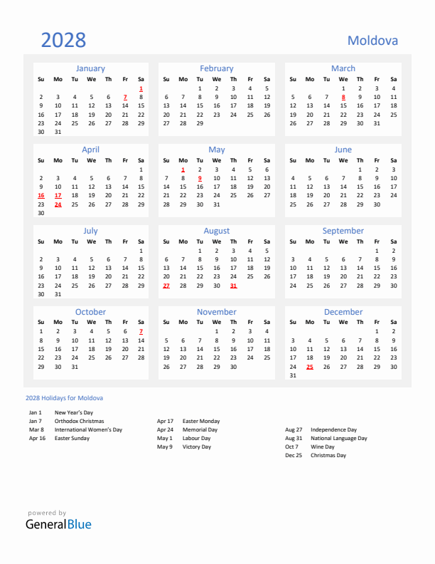 Basic Yearly Calendar with Holidays in Moldova for 2028 