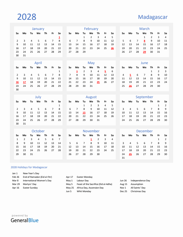 Basic Yearly Calendar with Holidays in Madagascar for 2028 
