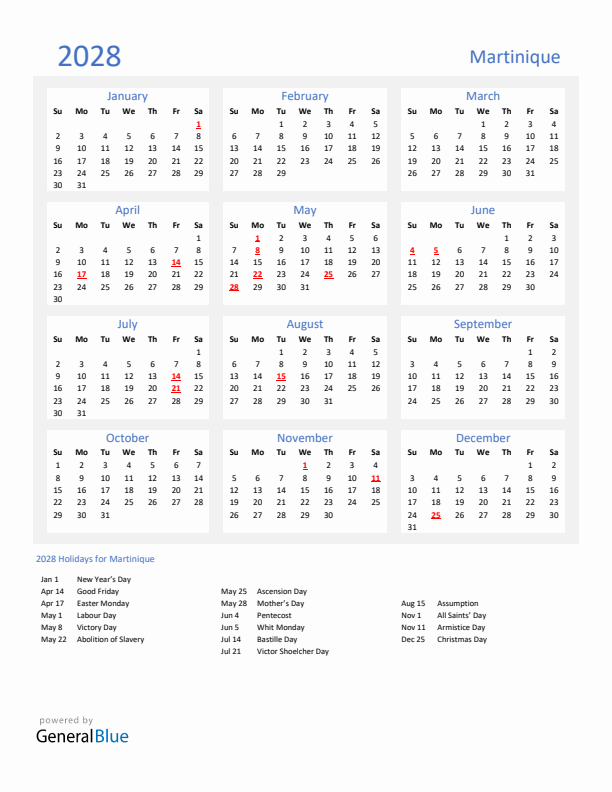 Basic Yearly Calendar with Holidays in Martinique for 2028 