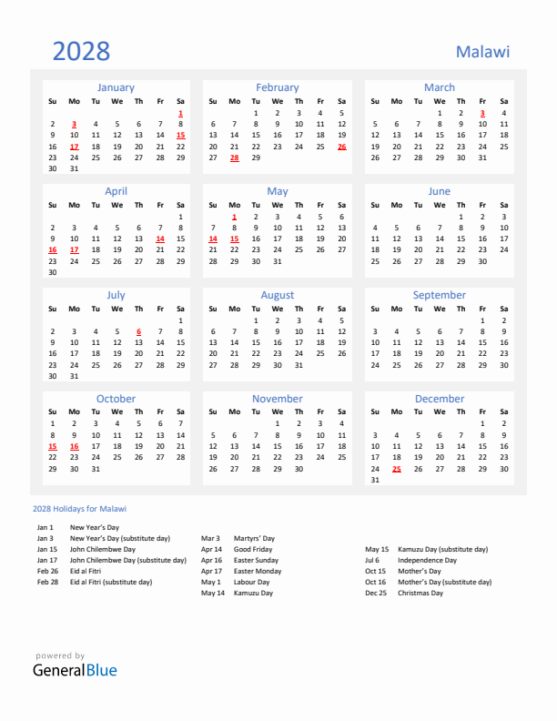 Basic Yearly Calendar with Holidays in Malawi for 2028 