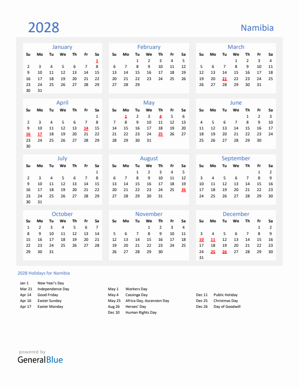 Basic Yearly Calendar with Holidays in Namibia for 2028 