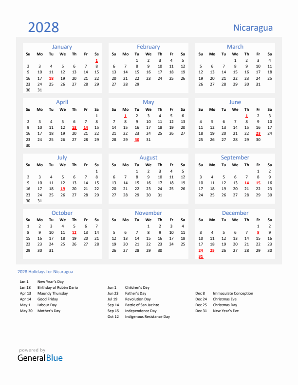 Basic Yearly Calendar with Holidays in Nicaragua for 2028 