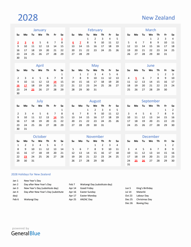 Basic Yearly Calendar with Holidays in New Zealand for 2028 