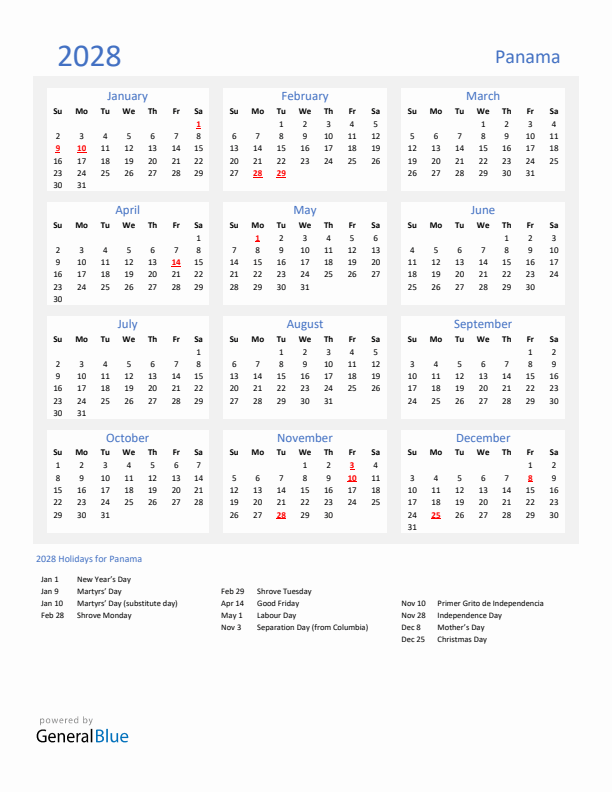 Basic Yearly Calendar with Holidays in Panama for 2028 