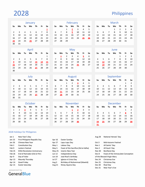 Basic Yearly Calendar with Holidays in Philippines for 2028 