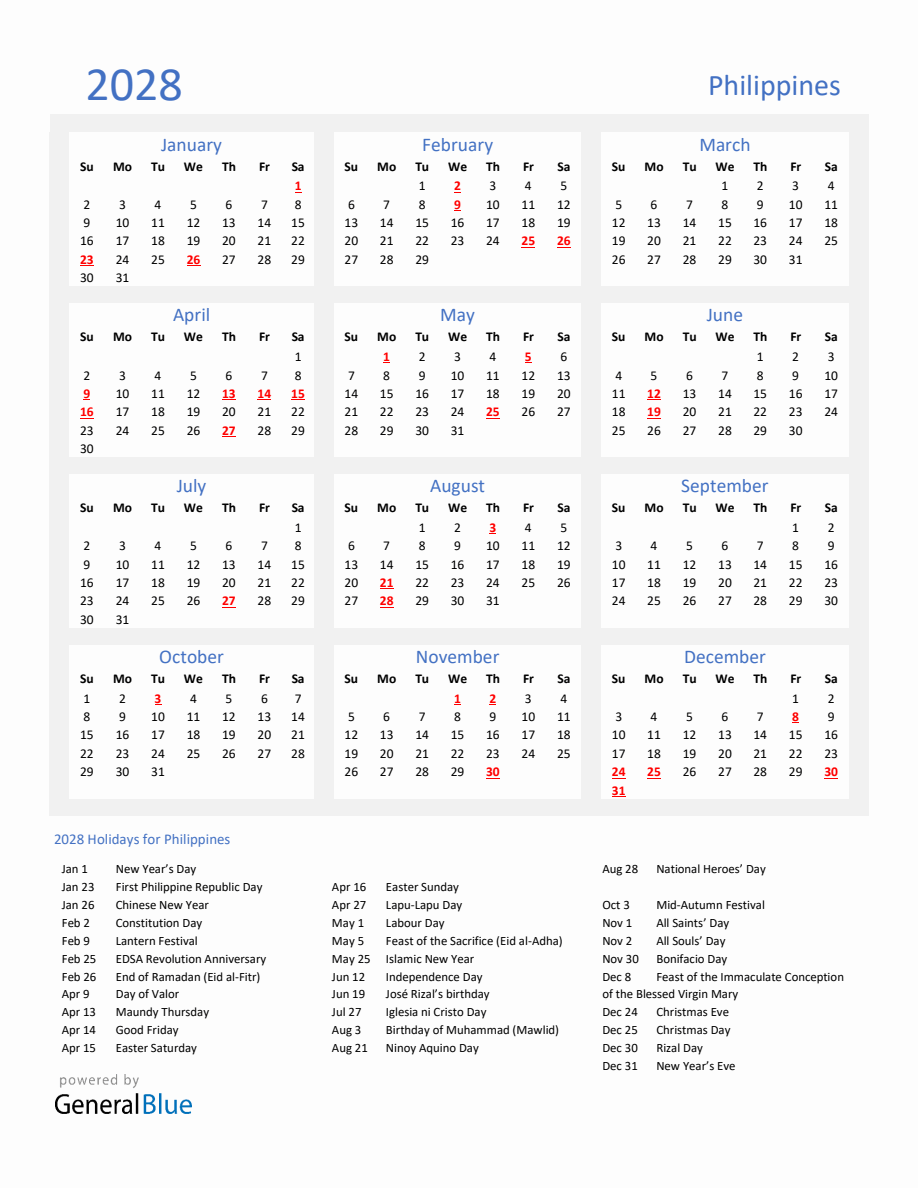 Basic Yearly Calendar with Holidays in Philippines for 2028