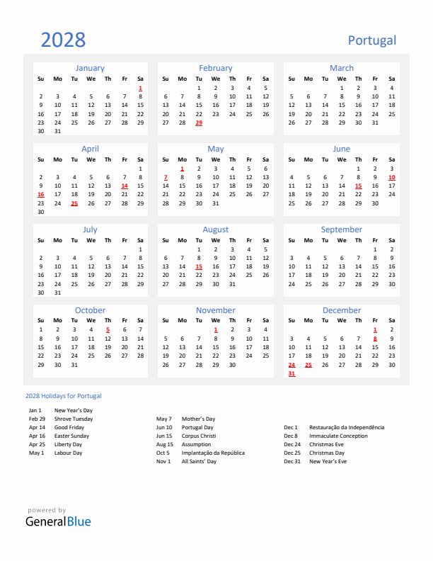 Basic Yearly Calendar with Holidays in Portugal for 2028 