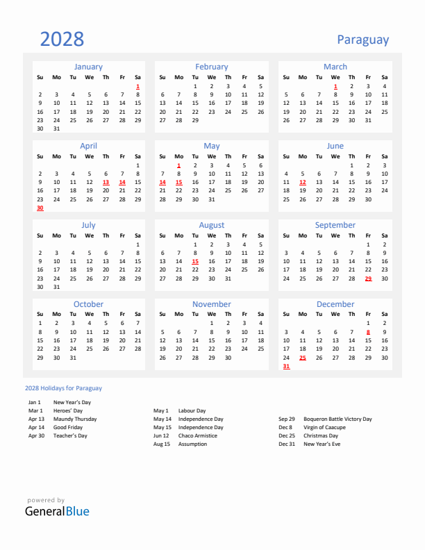 Basic Yearly Calendar with Holidays in Paraguay for 2028 