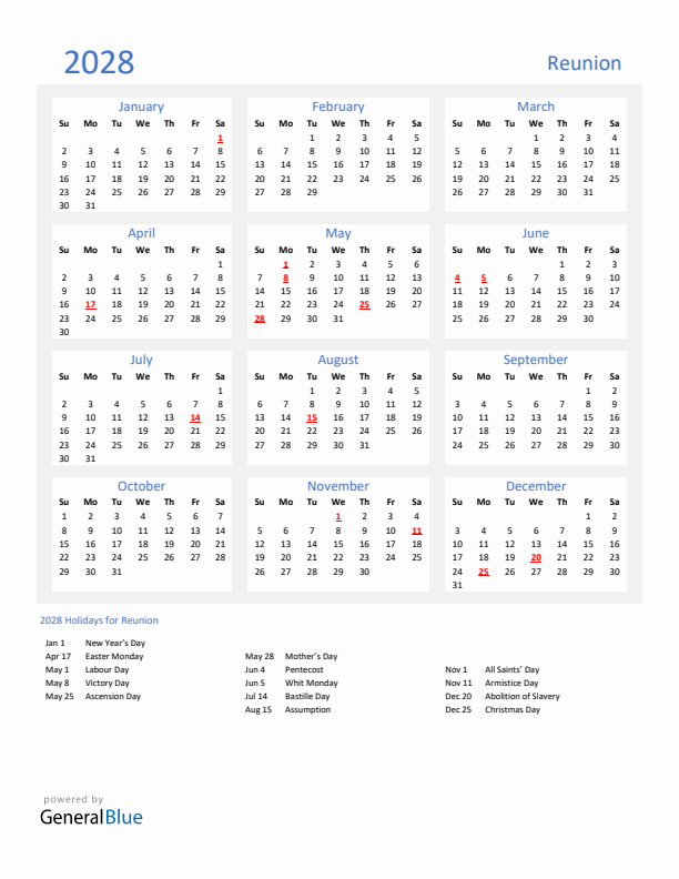 Basic Yearly Calendar with Holidays in Reunion for 2028 