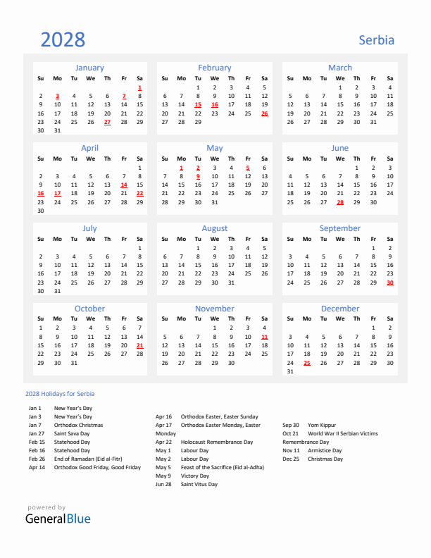 Basic Yearly Calendar with Holidays in Serbia for 2028 