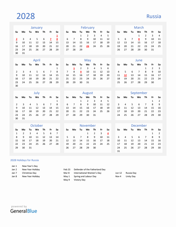 Basic Yearly Calendar with Holidays in Russia for 2028 