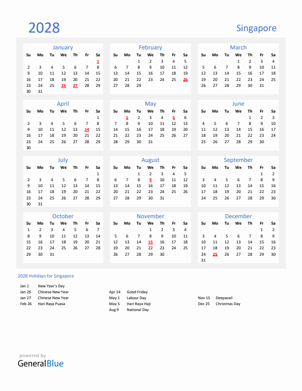Basic Yearly Calendar with Holidays in Singapore for 2028 
