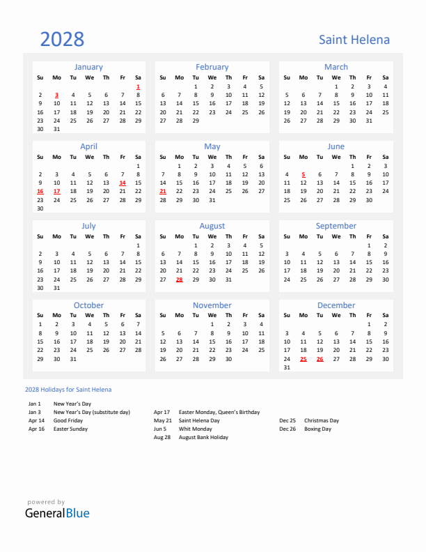 Basic Yearly Calendar with Holidays in Saint Helena for 2028 