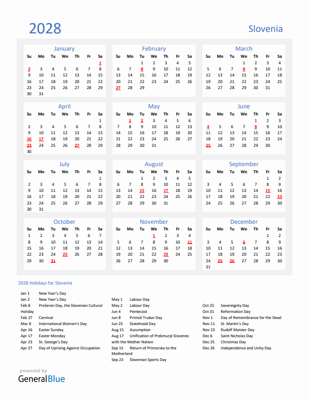 Basic Yearly Calendar with Holidays in Slovenia for 2028 