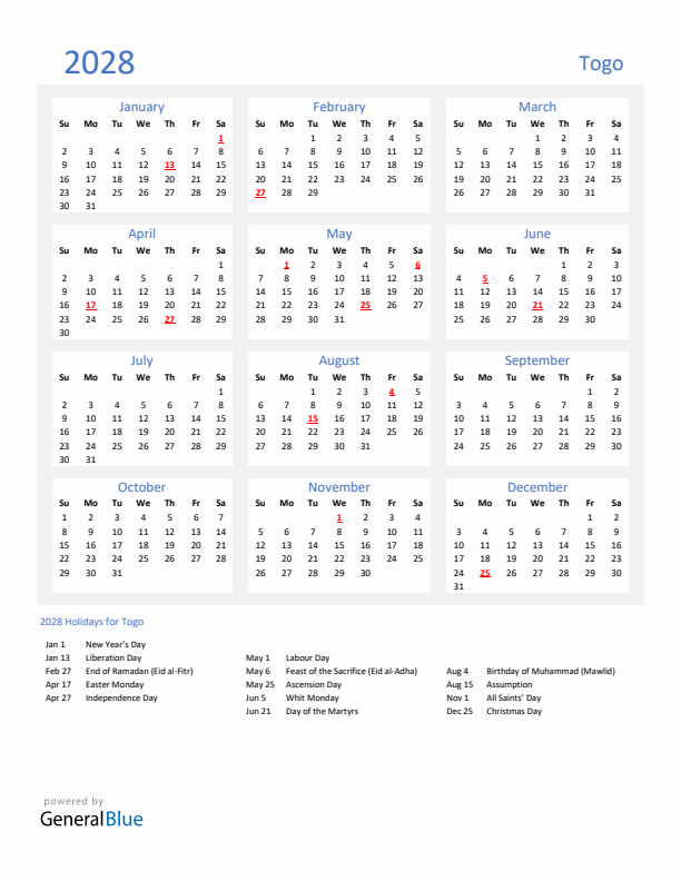 Basic Yearly Calendar with Holidays in Togo for 2028 
