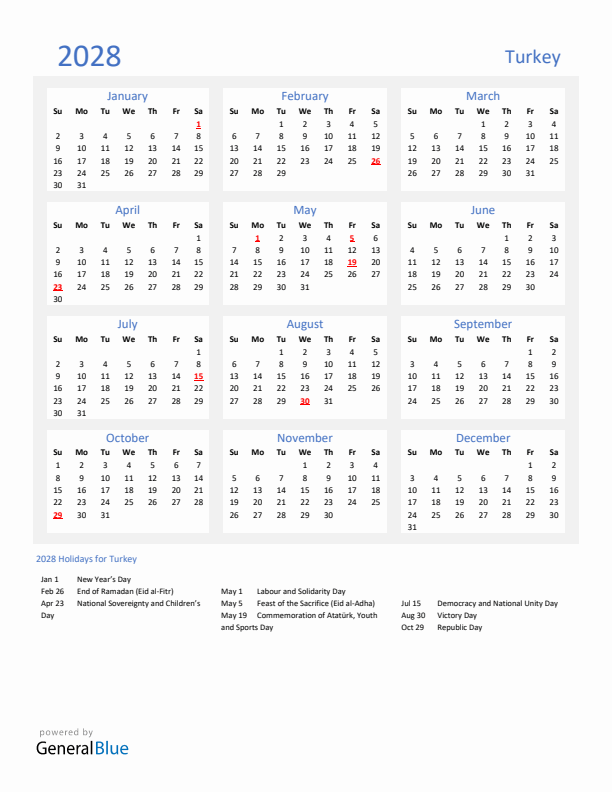 Basic Yearly Calendar with Holidays in Turkey for 2028 