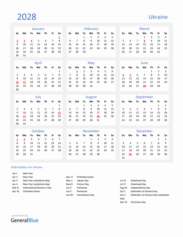 Basic Yearly Calendar with Holidays in Ukraine for 2028 
