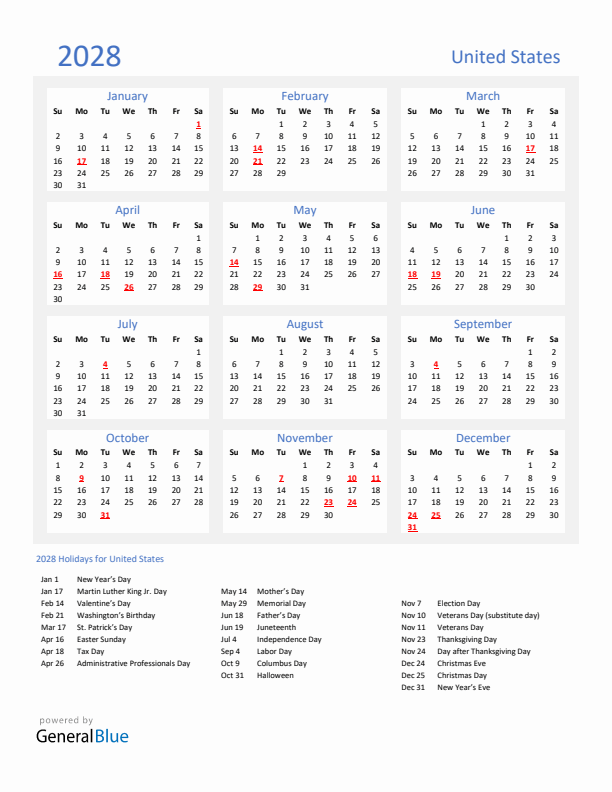 Basic Yearly Calendar with Holidays in United States for 2028 
