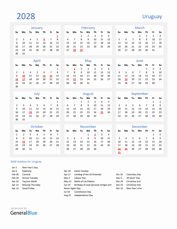 Basic Yearly Calendar with Holidays in Uruguay for 2028 