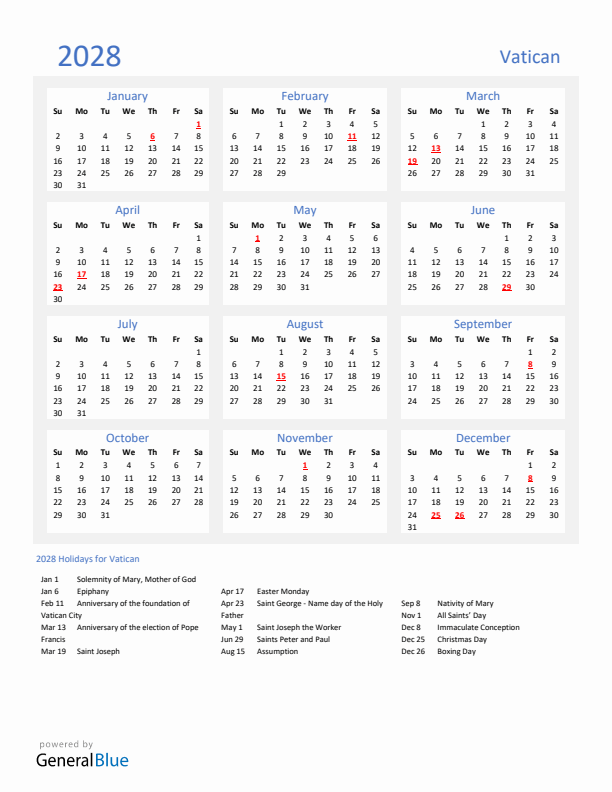 Basic Yearly Calendar with Holidays in Vatican for 2028 