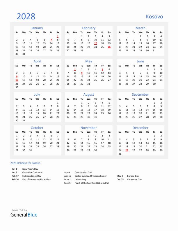 Basic Yearly Calendar with Holidays in Kosovo for 2028 