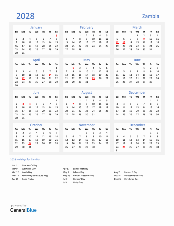 Basic Yearly Calendar with Holidays in Zambia for 2028 