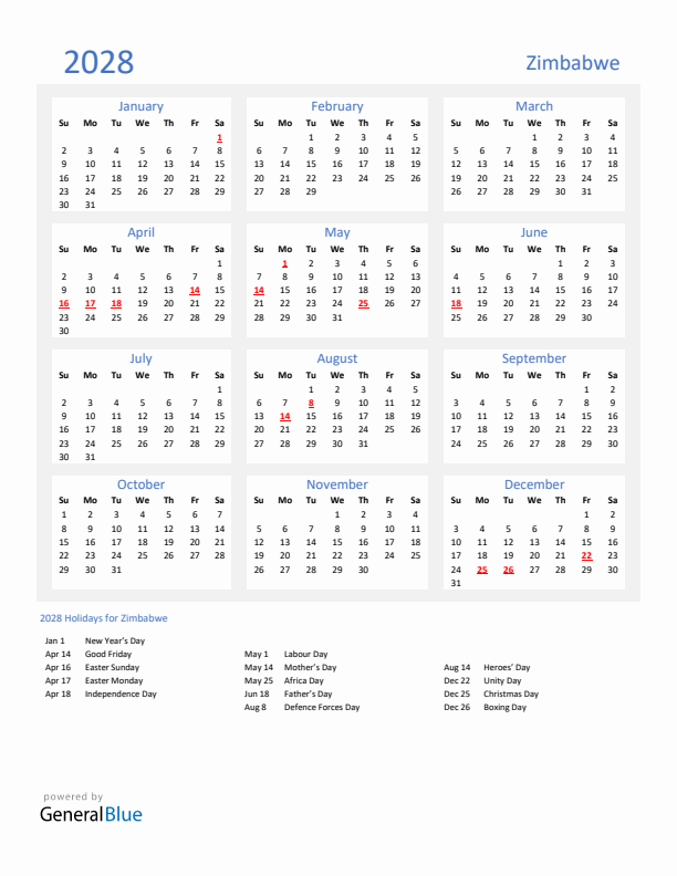 Basic Yearly Calendar with Holidays in Zimbabwe for 2028 