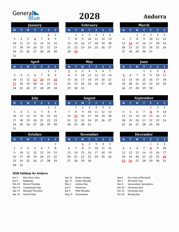 2028 Andorra Holiday Calendar
