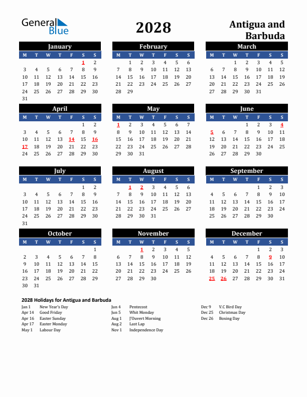 2028 Antigua and Barbuda Holiday Calendar