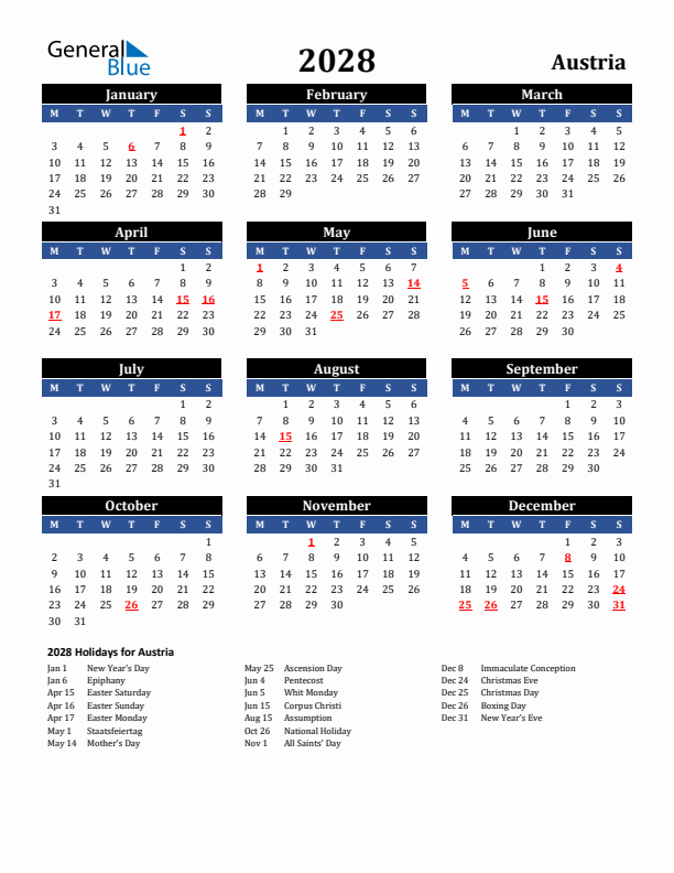 2028 Austria Holiday Calendar