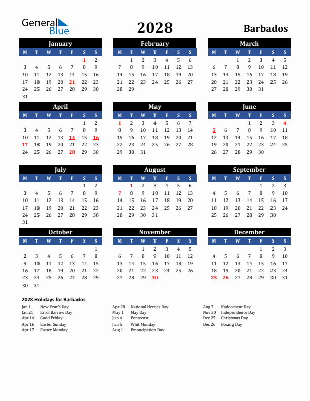 2028 Barbados Holiday Calendar