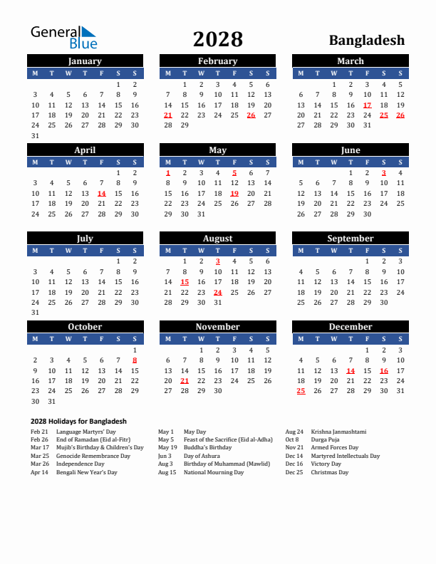2028 Bangladesh Holiday Calendar