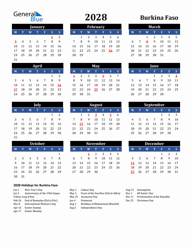 2028 Burkina Faso Holiday Calendar